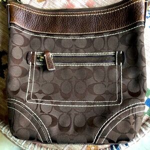 COACH Brown Leather & Signature Print Crossbody or Shoulder Bag, Brass Accents